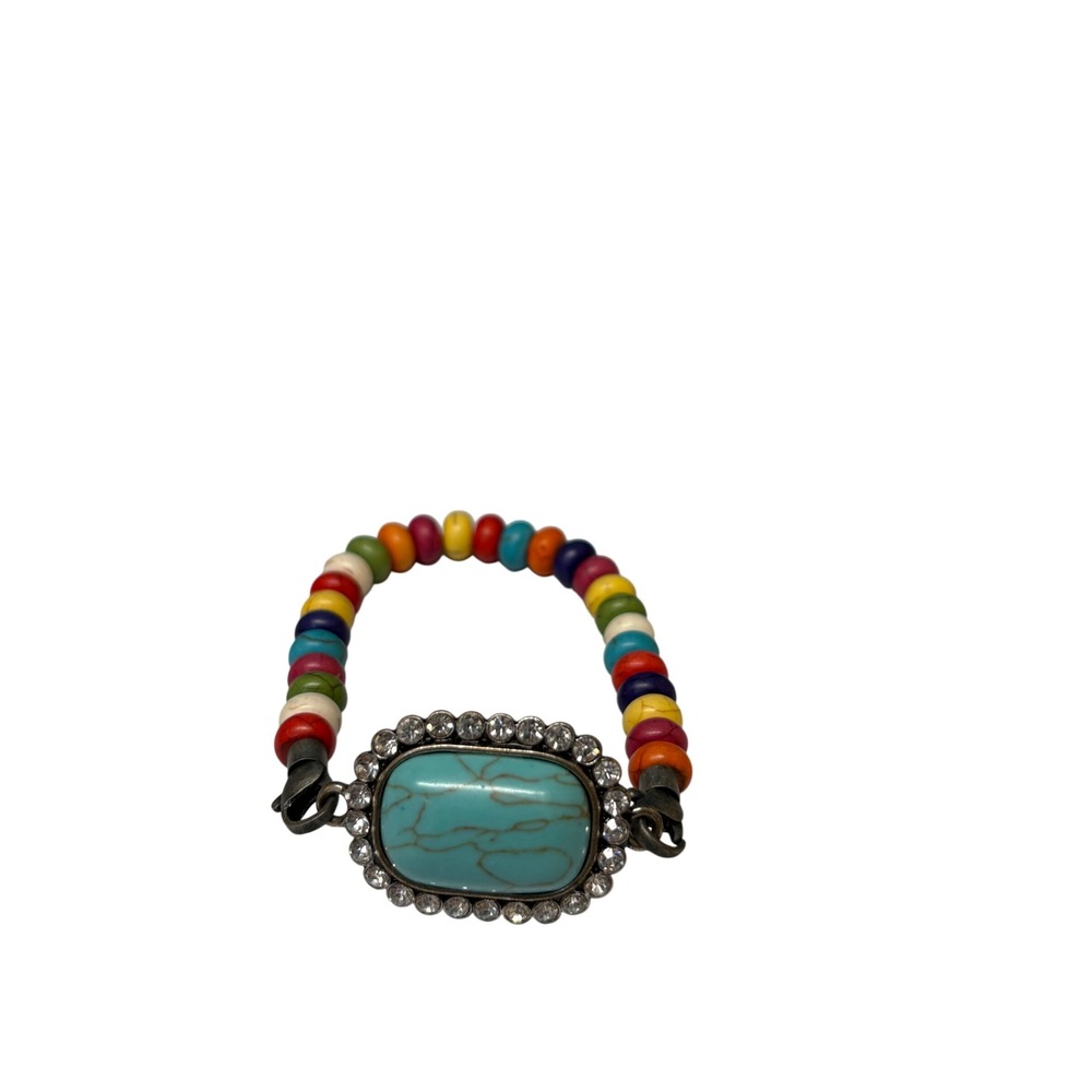 Multicolor Beaded Bracelet Faux Turquoise Rhinestone Boho Silver Tone 7‎ Inch